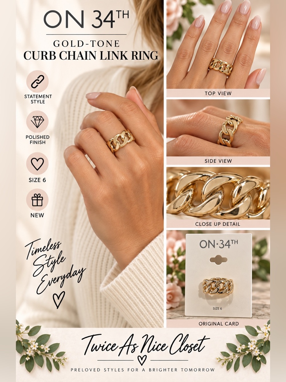 ON 34TH Womens Gold Tone Curb Chain Link Statement Ring Size 6 NEW